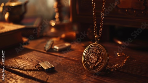 A pocket watch sits on a wooden table next to a key and a lock