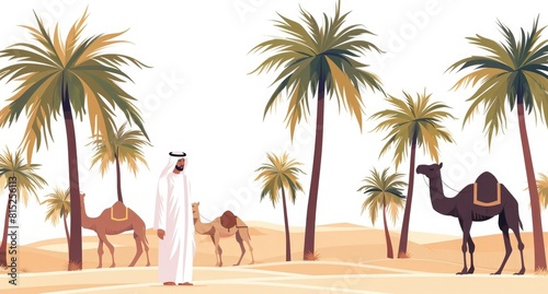 A desert landscape with palm trees and camels  an Arabian man in traditional attire stands between the palms 
