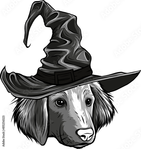 monochrome head dog with wizard hat vector