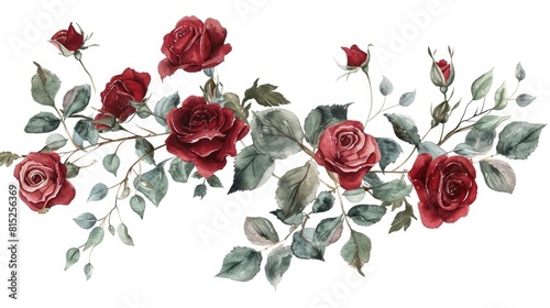 A beautiful watercolor painting of romantic red roses and a delicate branch of flowers set against a simple white background This lovely illustration features intricate details of leaves an