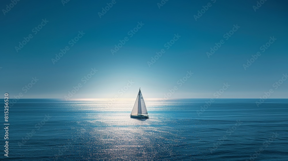 A serene sailboat journey on a tranquil blue ocean under a clear sky