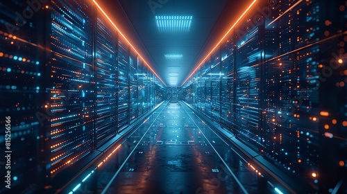 A server room illuminated by neon lights  showcasing rows of servers and cables in a high-tech environment