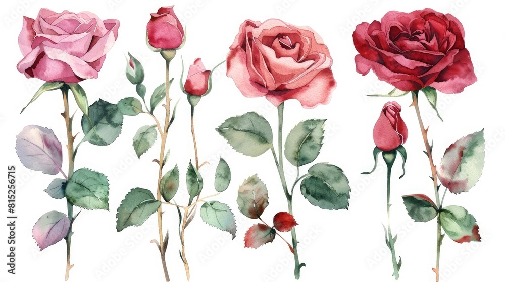 A watercolor illustration featuring a set of red and pink roses on an isolated background A watercolor illustration featuring a set of red and pink roses on an isolated background