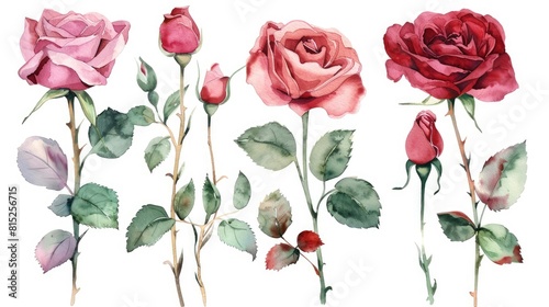 A watercolor illustration featuring a set of red and pink roses on an isolated background