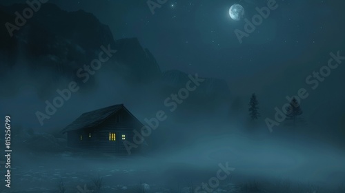 A small cabin is in the middle of a foggy field