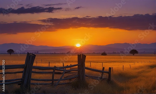 The setting sun paints the sky in shades of orange and violet, casting a soft light over the vast plain.