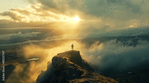 A solitary figure stands victorious on a mountain peak, overlooking a vast landscape bathed in sunlight