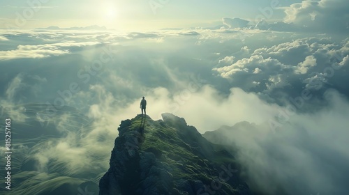 A solitary figure stands victorious on a mountain peak, overlooking a vast landscape bathed in sunlight photo