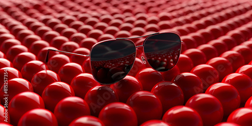 Glasses fall on Colorful sphere 3d render red ball pattern with rubber texture with reflections photo