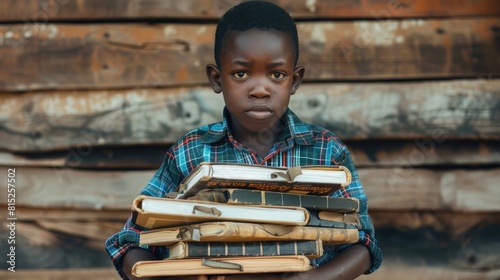 African poor boy with textbooks. Back to school. Generative AI realistic
