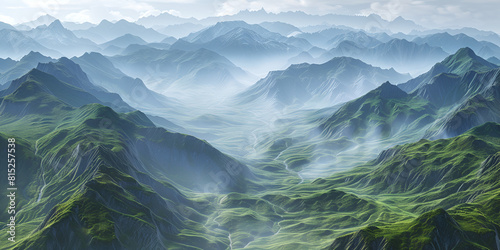 A mountain landscape with a foggy sky and the words mountains . 