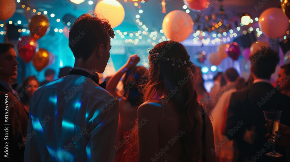Couple enjoying a festive graduation party with balloons and string lights