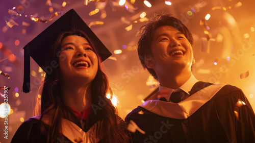 Graduates smiling amidst confetti at a celebratory event