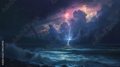 A stormy ocean with a lightning bolt in the sky