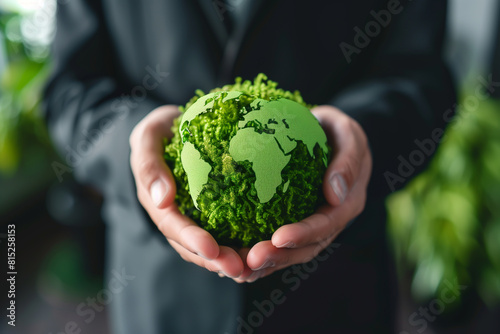 Businessman holding a green globe, symbolizing environmental consciousness and global sustainability, Concept of eco-friendly business practices