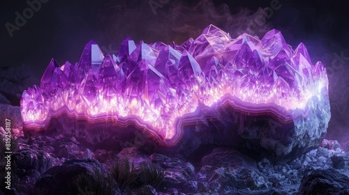amethyst geode, intricate crystal structure, glowing purple hues, illuminated from behind, highly detailed, vivid contrast, ethereal aura realistic