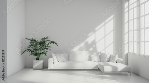 Stylish modern style home room interior background with empty white wall and white sofa