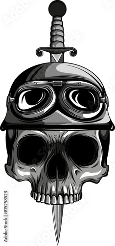 monochrome paratrooper skull with knife in teeth. Design element for logo, label, sign, emblem. Vector illustration