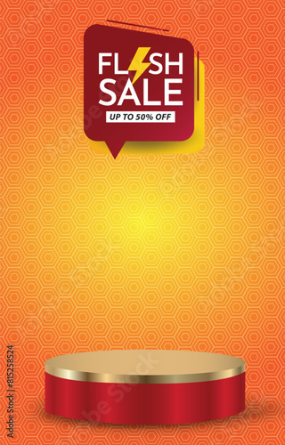 flash sale discount portait template banner with blank space 3d podium for social media feed product sale with abstract gradient orange background design5 photo