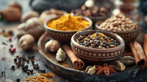 Exotic spices, such as fragrant cardamom, pungent turmeric, and aromatic cloves, add depth and complexity to culinary creations from around the world photo