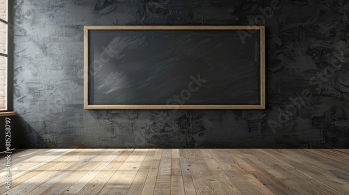 an empty blackboard in a room with black wall realistic