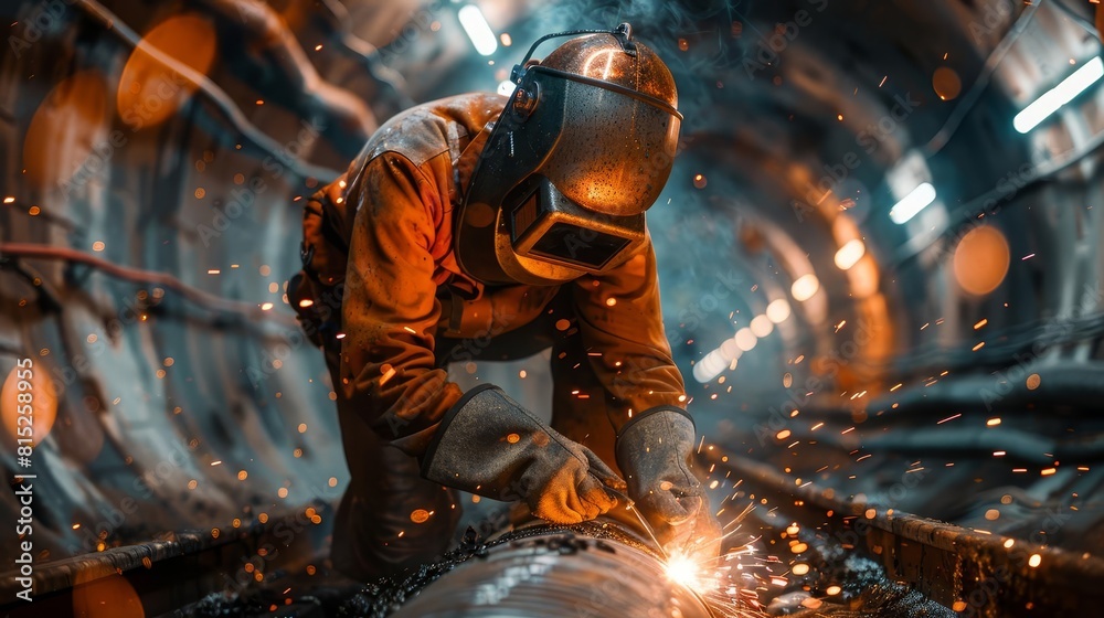 Illustrate a welder in a construction mask, welding a pipeline inside a large tunnel, with sparks flying around Illustrate a welder in a construction mask, welding a pipeline inside a large tunnel, with sparks flying around