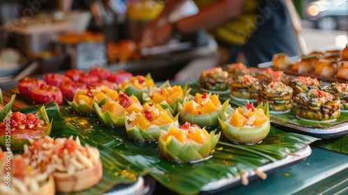 Experience the vibrant World Food Day concept as you savor a delightful and sweet Thai dessert displayed on a banana leaf at a bustling local market Embrace the colorful street food scene