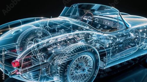 Illustrate an xray view of a roadsters cockpit area, revealing the layout of the dashboard and underlying mechanisms photo