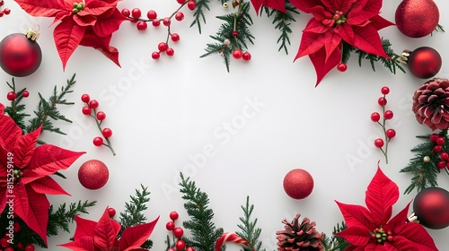 Christmas decoration. Frame of flowers of red poinsettia  branch christmas tree  ball  red berry on a white background with space for text. Top view  flat