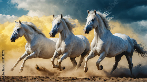 White horses galloping, raising dust clouds from under hooves, Film grain effect