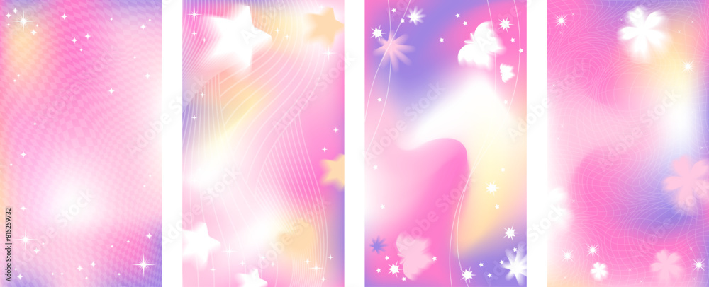 Fototapeta premium Cute y2k pink anime stories background set. Magic purple yellow glow with butterfly. Stock vector illustration in cartoon blurry style. Romantic fantasy vibe banner. Can be used as wallpaper.