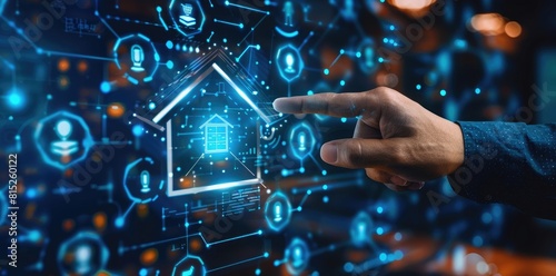 Digital smart home technology concept with a businessman touching a house icon on a virtual screen, AI robots and blue lights in a dark background. A green energy symbol. Digital business future tech
