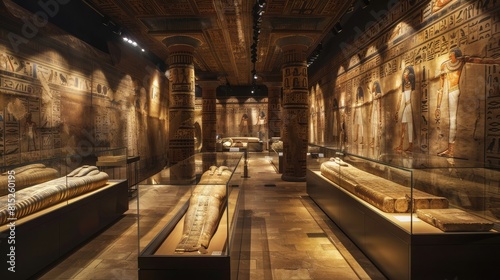 ancient history museum, Egyptian mummies in glass cases, moodily lit, intricate hieroglyphs on walls realistic