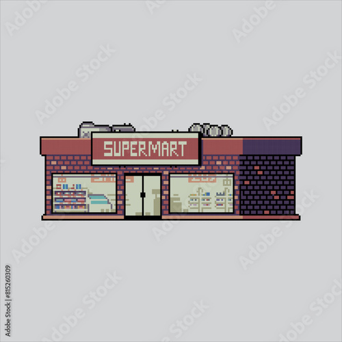 Pixel art illustration Supermarket. Pixelated Market. Supermarket store Building pixelated for the pixel art game and icon for website and video game. old school retro.