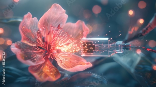 Conceptual art of a USB stick as a blooming red flower in a mystical, dreamy setting