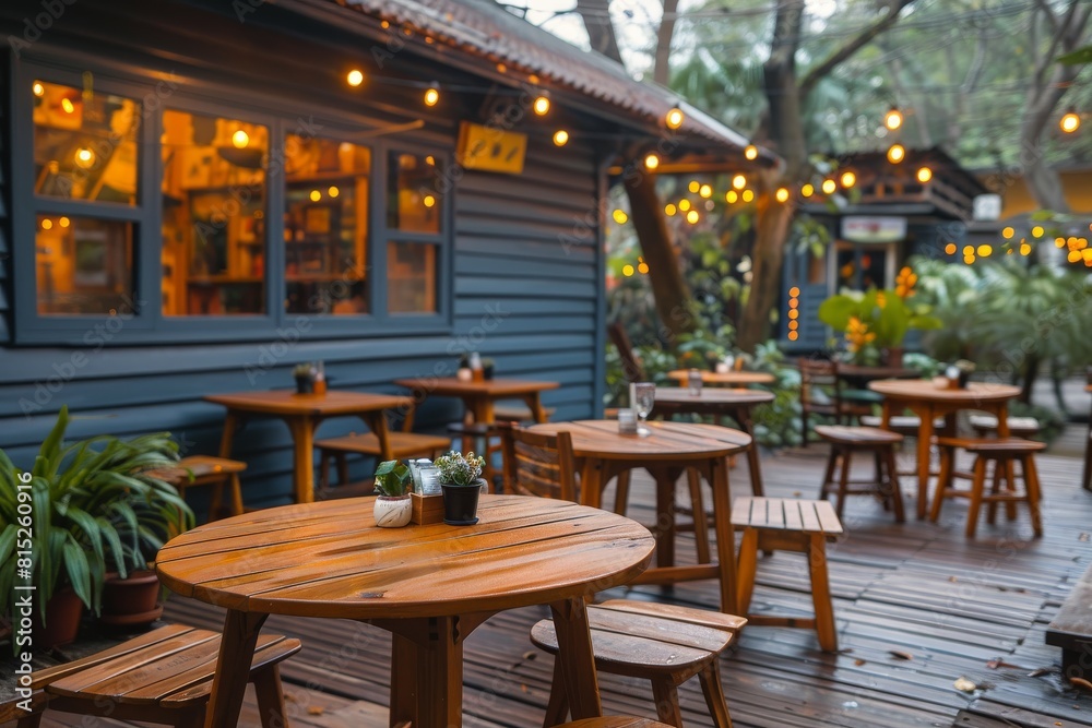 Outdoor Restaurant With Wooden Tables and Chairs