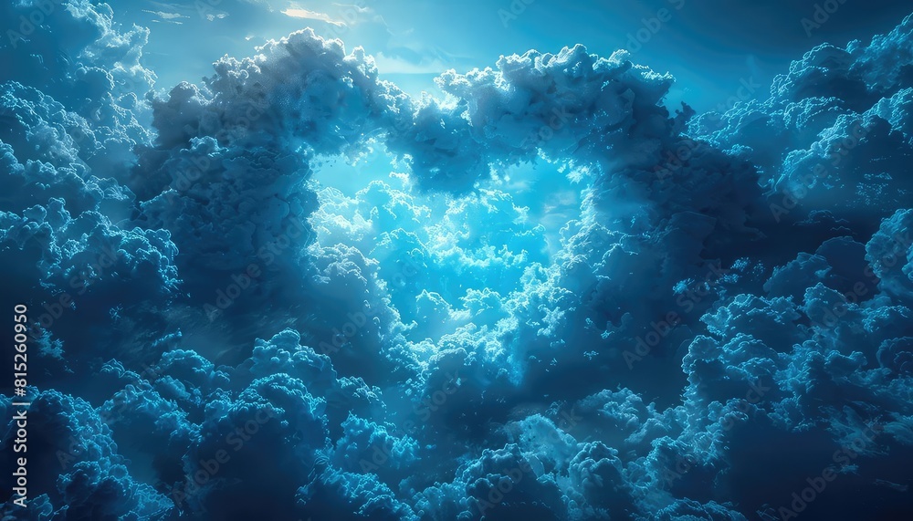 Heartshaped break in stormy clouds revealing clear blue, hopeful message, centered with vast copy space Heartshaped break in stormy clouds revealing clear blue, hopeful message, centered with vast copy space