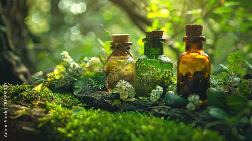 Among the lush green of the forest lie enchanting magic witch bottles and precious mineral gemstones adding vibrance to the natural setting Explore the realms of witchcraft and magic as spi Among the lush green of the forest lie enchanting magic witch bottles and precious mineral gemstones adding vibrance to the natural setting Explore the realms of witchcraft and magic as spi
