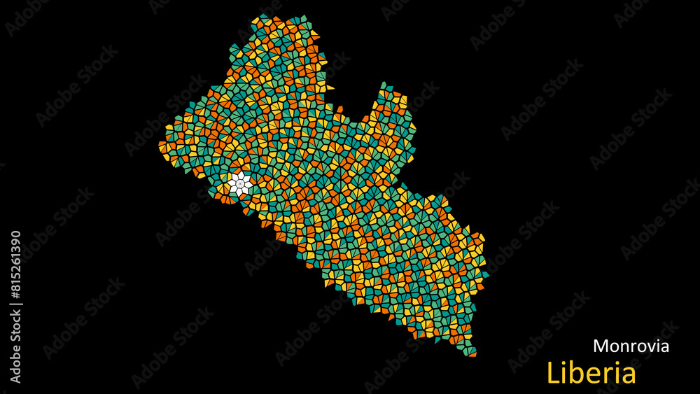 Obraz premium A map of Liberia is presented as a mosaic with a dark background, and the country's borders are outlined in the shape of a colorful mosaic, centered around the capital city.