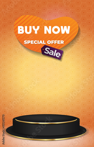 special offer sale discount portait template banner with blank space 3d podium for product sale with abstract gradient orange background design