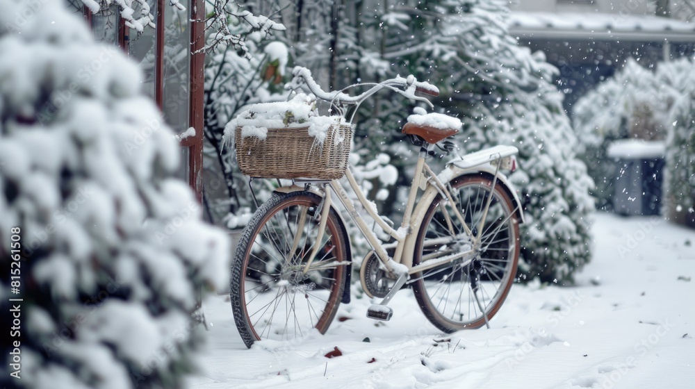 A bicycle with a basket delicately blanketed in snow rests gracefully at the bike shed A bicycle with a basket delicately blanketed in snow rests gracefully at the bike shed
