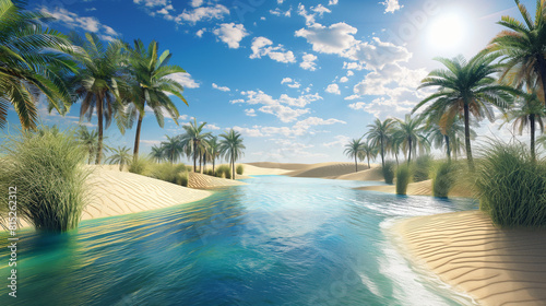 Oasis in the heart of a desert  Vibrant palm trees and a clear blue pond  Sand dunes under the hot sun