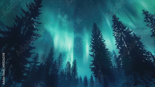 Aurora Borealis over Finnish Lapland, vivid blues and greens, silhouettes of tall pine trees in foreground realistic