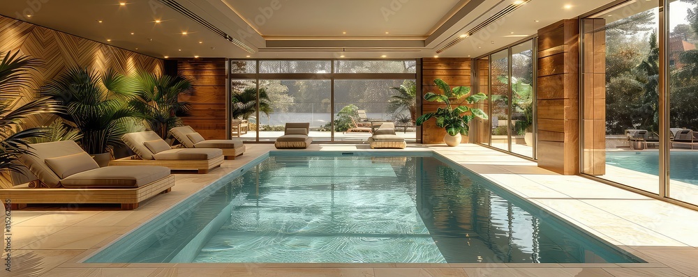 Indoor swimming pool in a luxury spa, clean lines, tranquil water ...