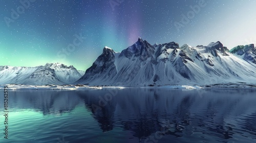aurora borealis over lake with snowy mountains. iceland  landscape with aurora borealis realistic