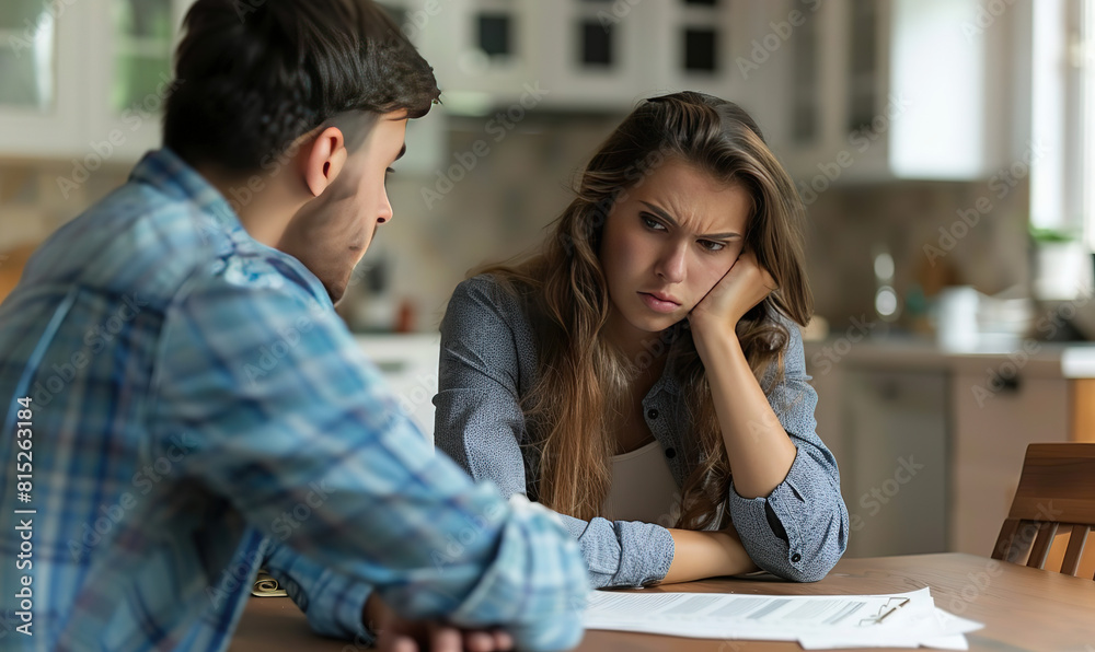 Fototapeta premium Young Woman Signing a Contract with Insurance Agent While Her Husband Disagrees with Her Decision in an Office Setting