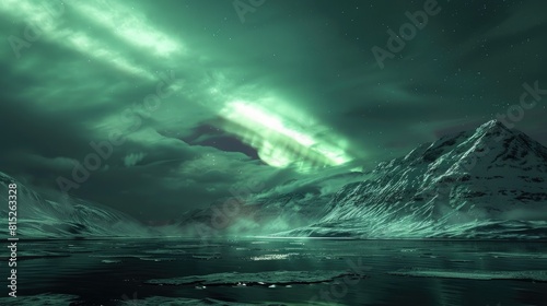 aurora borealis over lake with snowy mountains. iceland, landscape with aurora borealis realistic
