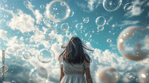 Young woman in white dress with soap bubbles on background of blue sky © engkiang