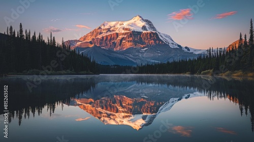 Snow-capped mountain peak reflecting in a tranquil mountain lake at sunrise