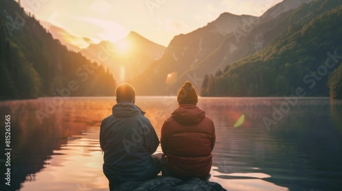 Couple sitting on the edge of a mountain lake looking at the sunset